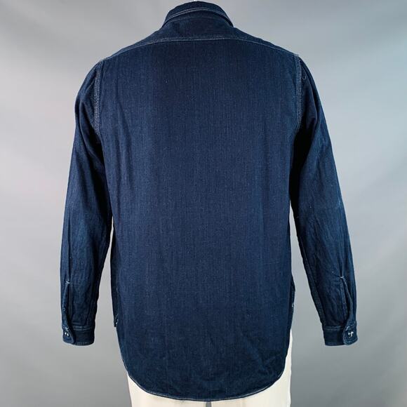 L Navy Indigo Twill Cotton Contrast Stitch Long Sleeve Shirt - Picture 4 of 8